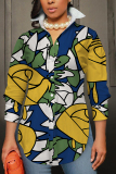 Grey Blue Casual Abstract Floral Print Buttons Slit Turndown Collar Long Sleeve Shirts Tops
