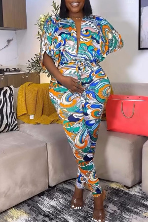 Colors Casual Abstract Print V Neck Half Sleeve Tie-Waist Tops and Pencil Pants Two Piece Trouser Sets