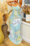 Green Floral Print Off Shoulder Sleeveless Backless Spaghetti Strap Floor Length Casual Outings Plus Size Loose Maxi Slip Dress