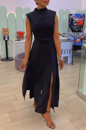 Black Half A Turtleneck Sleeveless Cut Out Backless Slit Casual Party Club Long Dresses (Without Belt)