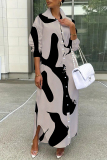 Multicolor Casual Abstract Print Buttons Turndown Collar Long Sleeve Maxi Shirt Dresses