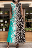 White Abstract Print O Neck Sleeveless with Pocket A-line Casual Vacation Long Maxi Dresses