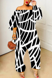 White Black Casual Abstract Print Off Shoulder Long Lantern Sleeve Loose Overall Jumpsuits