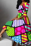Multicolor Colorblock Floral Print V Neck Half Sleeve Casual Vacation A Line Maxi Dresses