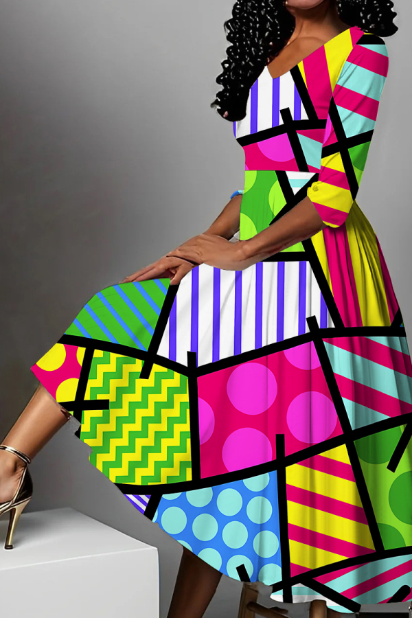 Multicolor Colorblock Floral Print V Neck Half Sleeve Casual Vacation A Line Maxi Dresses