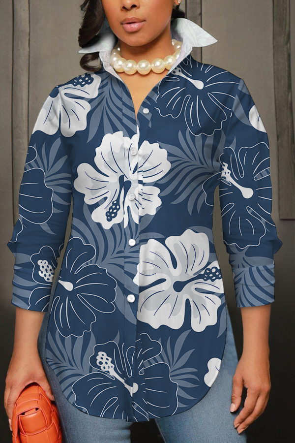 Grey Blue Casual Abstract Floral Print Buttons Slit Turndown Collar Long Sleeve Shirts Tops