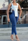 Dark Blue Casual Solid Color High Waist Skinny Pencil Denim Jeans