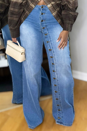 Blue Casual Solid Color Buckle up Patchwork High Waist Straight Denim Jeans Blue Casual Solid Color Buckle up Patchwork High Waist Straight Denim Jeans