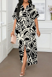 Green Camouflage Print Slit V Neck Half Sleeve Loose Casual Vacation Long Robe Dresses