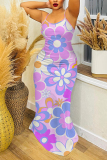 Light Purple Floral Print Off Shoulder Sleeveless Backless Spaghetti Strap Floor Length Casual Outings Plus Size Loose Maxi Slip Dress