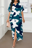 Green Camouflage Print Slit V Neck Half Sleeve Loose Casual Vacation Long Robe Dresses