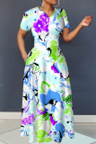 Yellow Floral Print V Neck Short Sleeve Casual Vacation A Line Maxi Dresses