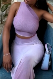 Purple Gauze Gradient Print Backless One Shoulder Sleeveless Crop Tops and Long Skirts Bodycon Party ClubTwo Pieces Dress Sets