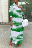 Multicolor Casual Abstract Print Buttons Turndown Collar Long Sleeve Maxi Shirt Dresses