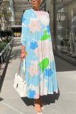 White Brown Floral Print O Neck Three Quarter Sleeve Loose A-line Casual Vacation Long Maxi Dresses