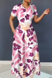 Yellow Floral Print V Neck Short Sleeve Casual Vacation A Line Maxi Dresses