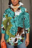 Grey Blue Casual Abstract Floral Print Buttons Slit Turndown Collar Long Sleeve Shirts Tops