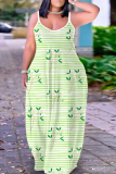 Light Green Floral Graphic Print Off Shoulder Sleeveless Backless Spaghetti Strap Floor Length Casual Outings Plus Size Loose Maxi Slip Dress