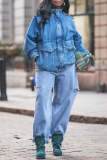 Blue Casual Solid Color Ripped High Waist Loose Straight Denim Jeans