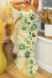 Green Floral Print Off Shoulder Sleeveless Backless Spaghetti Strap Floor Length Casual Outings Plus Size Loose Maxi Slip Dress