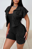 Khaki Casual Turndown Collar Short Sleeve With Pocket Jacket and Skinny Tank Top Rompers Two Pieces Sets