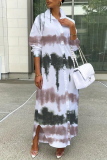 Multicolor Casual Abstract Print Buttons Turndown Collar Long Sleeve Maxi Shirt Dresses