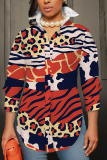 Tangerine Casual Abstract Print Buttons Slit Turndown Collar  Long Sleeve Shirts Tops