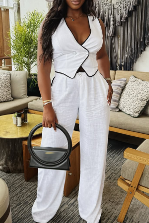 White Contrast Buttons V Neck Sleeveless Crop Tank Tops and Straight Pants Casual Office Lady Two Pieces Trouser Sets