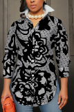 Grey Blue Casual Abstract Floral Print Buttons Slit Turndown Collar Long Sleeve Shirts Tops