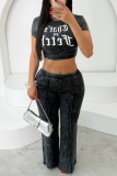 Black Casual Daily Letter Print O Neck Skinny Short Sleeve T-shirt and Straight Pants Two Pieces Trouser Sets