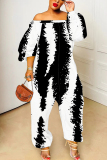 White Black Casual Abstract Print Off Shoulder Long Lantern Sleeve Loose Overall Jumpsuits