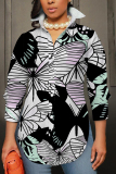 Grey Blue Casual Abstract Floral Print Buttons Slit Turndown Collar Long Sleeve Shirts Tops