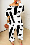 White Black Casual Abstract Print Off Shoulder Long Lantern Sleeve Loose Overall Jumpsuits