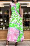 White Abstract Print O Neck Sleeveless with Pocket A-line Casual Vacation Long Maxi Dresses