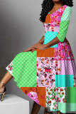 Multicolor Colorblock Floral Print V Neck Half Sleeve Casual Vacation A Line Maxi Dresses