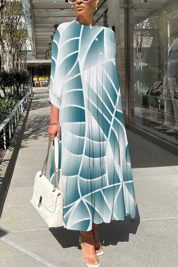 Blue Abstract Print O Neck Three Quarter Sleeve Loose A-line Casual Vacation Long Maxi Dresses