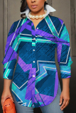 Blue Purple Casual Abstract Print Buttons Slit Turndown Collar Long Sleeve Shirts Tops