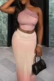 Purple Gauze Gradient Print Backless One Shoulder Sleeveless Crop Tops and Long Skirts Bodycon Party ClubTwo Pieces Dress Sets