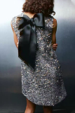 Black O Neck Sleeveless Sequins Bow Decor Celebrities Party Club Short Dresses