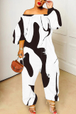 White Black Casual Abstract Print Off Shoulder Long Lantern Sleeve Loose Overall Jumpsuits