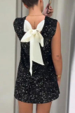 Black O Neck Sleeveless Sequins Bow Decor Celebrities Party Club Short Dresses