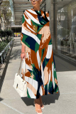 Blue Abstract Print O Neck Three Quarter Sleeve Loose A-line Casual Vacation Long Maxi Dresses