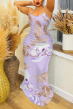 Green Floral Print Off Shoulder Sleeveless Backless Spaghetti Strap Floor Length Casual Outings Plus Size Loose Maxi Slip Dress