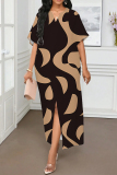 Green Camouflage Print Slit V Neck Half Sleeve Loose Casual Vacation Long Robe Dresses