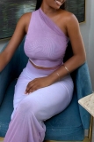 Purple Gauze Gradient Print Backless One Shoulder Sleeveless Crop Tops and Long Skirts Bodycon Party ClubTwo Pieces Dress Sets