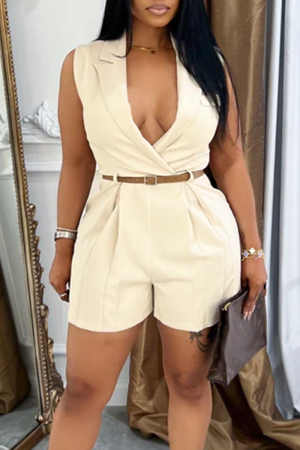 Apricot Turndown Collar V Neck Sleeveless Without Belt Casual Office Lady Blazer Rompers