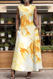 White Abstract Print O Neck Sleeveless with Pocket A-line Casual Vacation Long Maxi Dresses