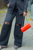 Black Casual Daily Solid Color Ripped High Waist Straight Denim Jeans