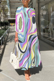 Blue Abstract Print O Neck Three Quarter Sleeve Loose A-line Casual Vacation Long Maxi Dresses