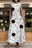 White Abstract Print O Neck Sleeveless with Pocket A-line Casual Vacation Long Maxi Dresses